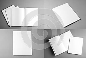 Set of different blank brochures on grey background.