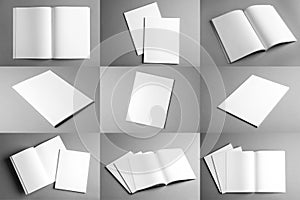 Set of different blank brochures on grey background.