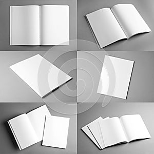 Set of different blank brochures on grey background.
