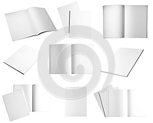 Set of different blank brochures on white background.