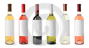 Set with different blank wine bottles on white background.