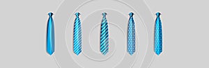 Set different blue ties isolated on gray background. Colored tie for men