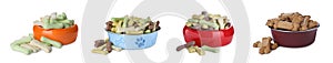 Set of different bone shaped dog cookies in feeding bowls on white background. Banner design