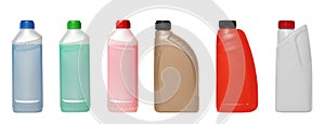 Set with different bottles of cleaning products on white background, banner design. Household chemicals