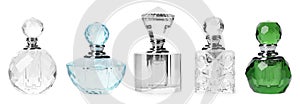 Set with different bottles of luxury perfume on white background. Banner design