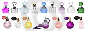 Set with different bottles of perfume on background, banner design