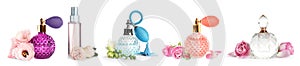Set with different bottles of perfume and flowers on white background. Banner design