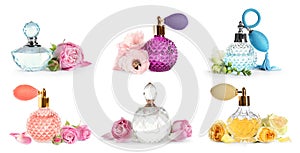 Set with different bottles of perfume and flowers on white background. Banner design