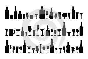 Set of different bottles and wine glasses. Black and white silhouette isolated vector illustration.