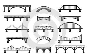 Set of different bridges. Isolated on white background. Black and white.