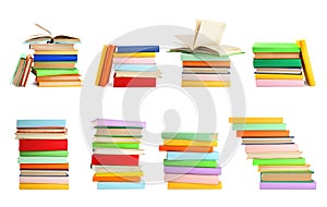 Set of different bright hardcover books on background