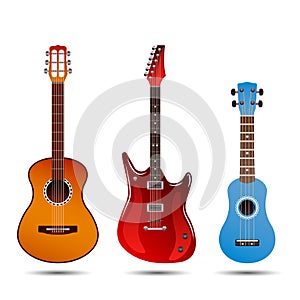 Set of different bright realistic guitars. Retro acoustic guitar, electric rock guitar and a little blue ukulele. flat vector