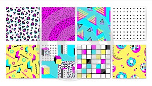 Set of different bright 90s vibrant seamless pattern vector graphic illustration photo