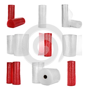 Set with different bubble wrap rolls on white background