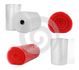Set with different bubble wrap rolls on white