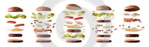 Set of different burgers with ingredients by layers white isolated