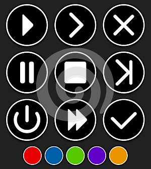 Set of different buttons - Play, next, forward, fastforward, exit - quit, stop, checkmark, pause. 5 colors plus black versions.