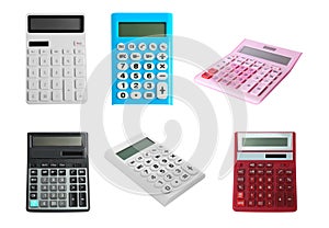 Set of different calculators on white background