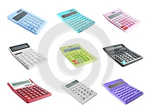 Set of different calculators on white background