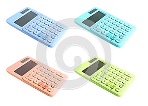 Set of different calculators on white background