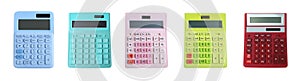 Set of different calculators on white background, banner design