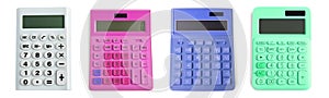 Set with different calculators on white background, top view. Banner design