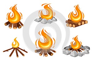 Set of different campfires burning wooden logs and camping stones flat vector illustration isolated on white background