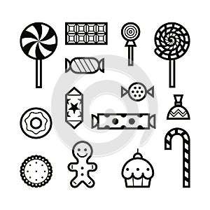 A set of different candies, sweets and cakes. Icons and pictograms for the holidays - Halloween, birthday party, Christmas.