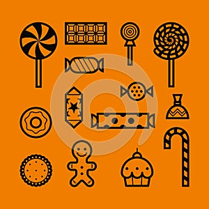 A set of different candies, sweets and cakes. Icons and pictograms for the holidays - Halloween, birthday party, Christmas. Isolat