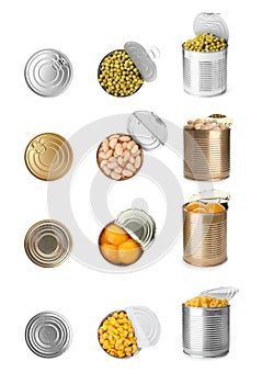 Set of different canned food on background