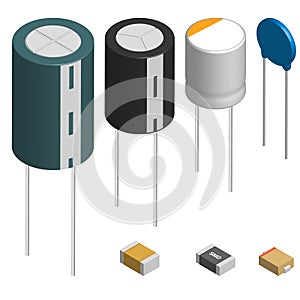 Set of different capacitors in 3D, vector illustration.