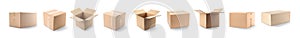 Set of different cardboard boxes on background. Banner design