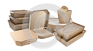 Set with different cardboard boxes and containers for food on white background