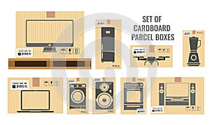 Set of different cardboard boxes with different real sizes and of various household and utensil equipments. Flat vector