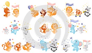 Set of animals in the parade. Vector illustration on a white background.