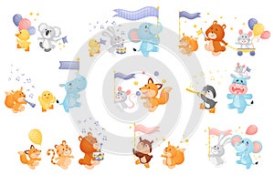 Set of different cartoon animals with musical instruments at the parade. Vector illustration on a white background.