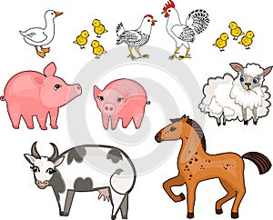 Set of different cartoon farm animals on white background