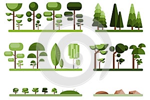 Set of different cartoon flora in flat design. Bushes, trees. vector.