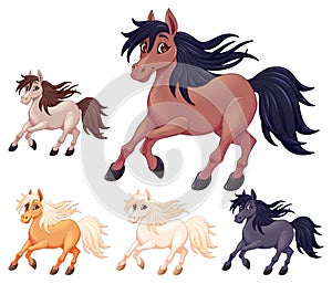 Set of different cartoon horses