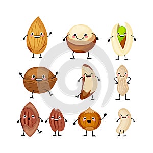 Set of different cartoon nuts vector illustration isolated on white background.