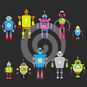 Set Of different cartoon robots characters ,spaceman cyborg icons line style isolated on white background.