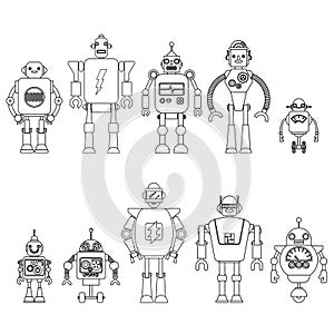 Set Of different cartoon robots characters ,spaceman cyborg icons line style isolated on white background.