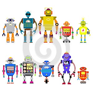 Set Of different cartoon robots characters ,spaceman cyborg icons line style isolated on white background.