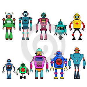 Set Of different cartoon robots characters ,spaceman cyborg icons line style isolated on white background.