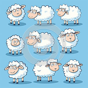 set of different cartoon sheep illustrations on blue background