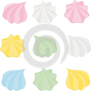 Set of different cartoon varicolored meringues. Zephyr. Dessert. Vector illustration.