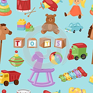 Set of different cartoon vector kids toys collection on white background playfull children stuff seamless