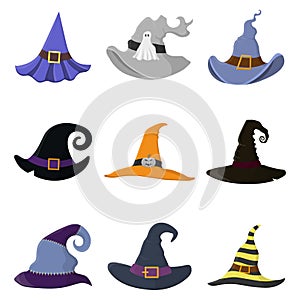 Set of different cartoon witch hats isolated on white background. Children kid costume masquerade party. Design elements for