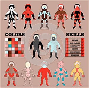 Set Different Character Stands in Game Interface Presentation, Human Design Style, Superhero Team Collection, Color and