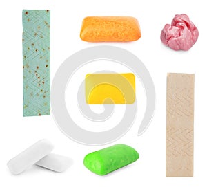 Set of different chewing gums on white background